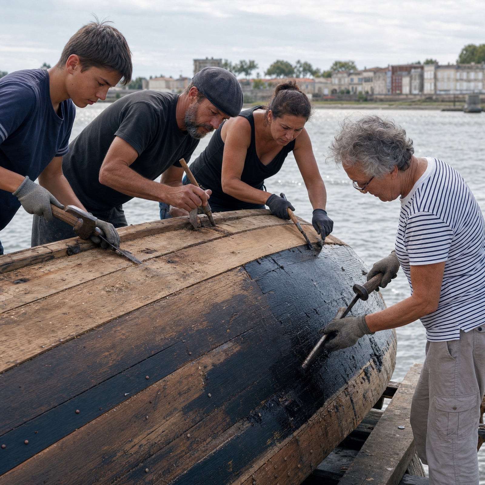 Bénévoles de différentes générations travaillant sur la coque d'une pinasse dans un atelier de construction navale